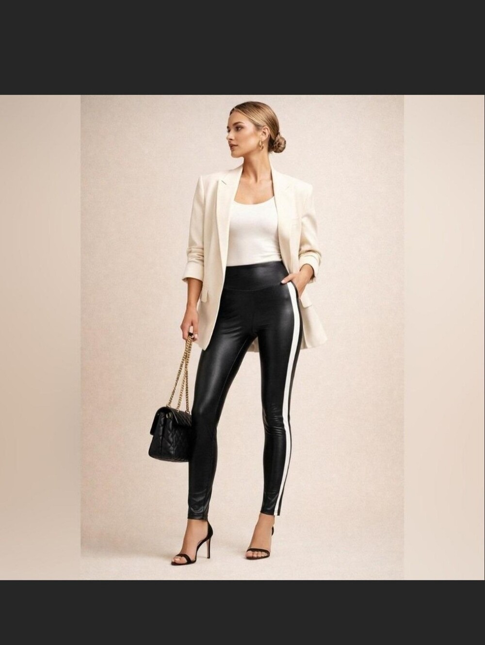SPANX Black Faux Leather Leggings with White Side Stripe